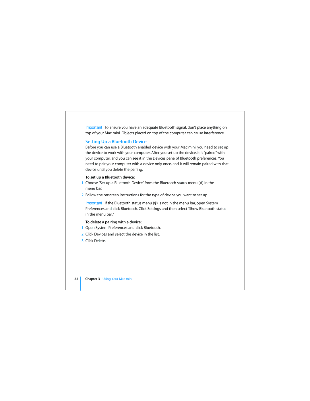 Apple Mac Mini 19 manual Setting Up a Bluetooth Device, To set up a Bluetooth device, To delete a pairing with a device 