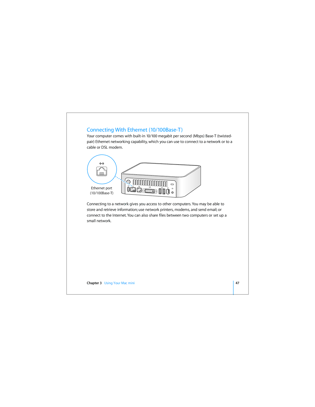 Apple Mac Mini 19 manual Connecting With Ethernet 10/100Base-T 