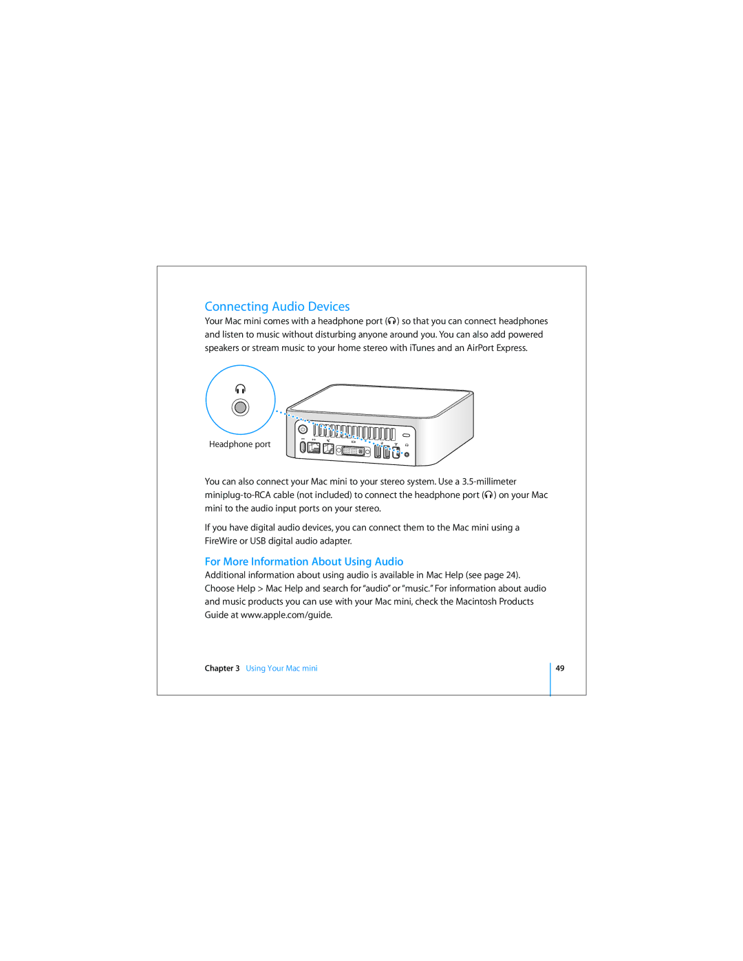 Apple Mac Mini 19 manual Connecting Audio Devices, For More Information About Using Audio 