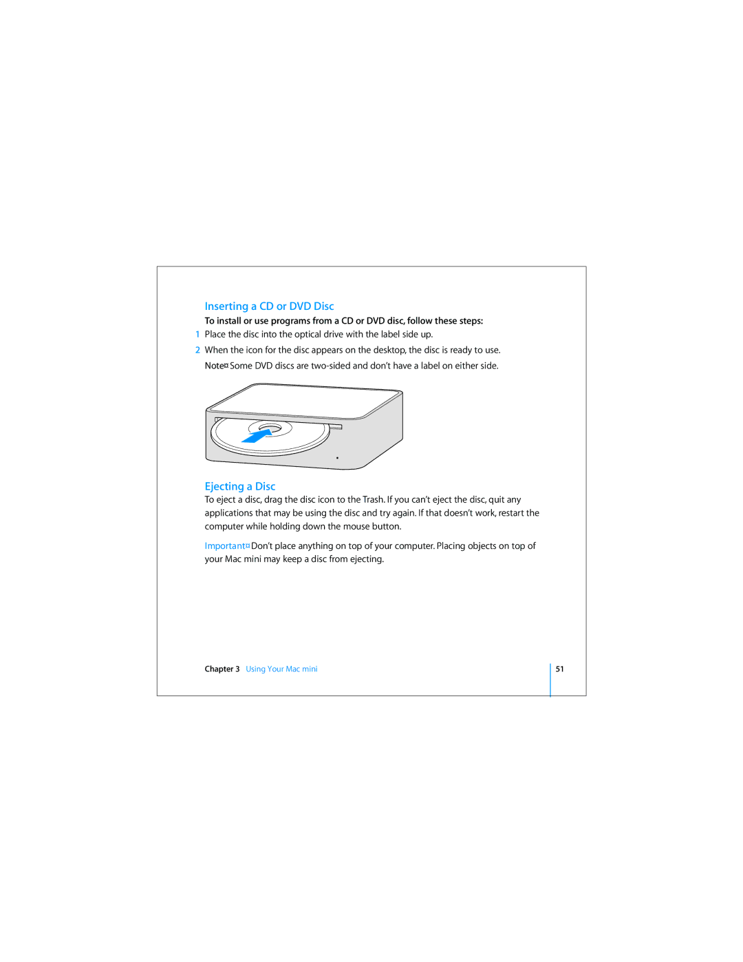 Apple Mac Mini 19 manual Inserting a CD or DVD Disc, Ejecting a Disc 