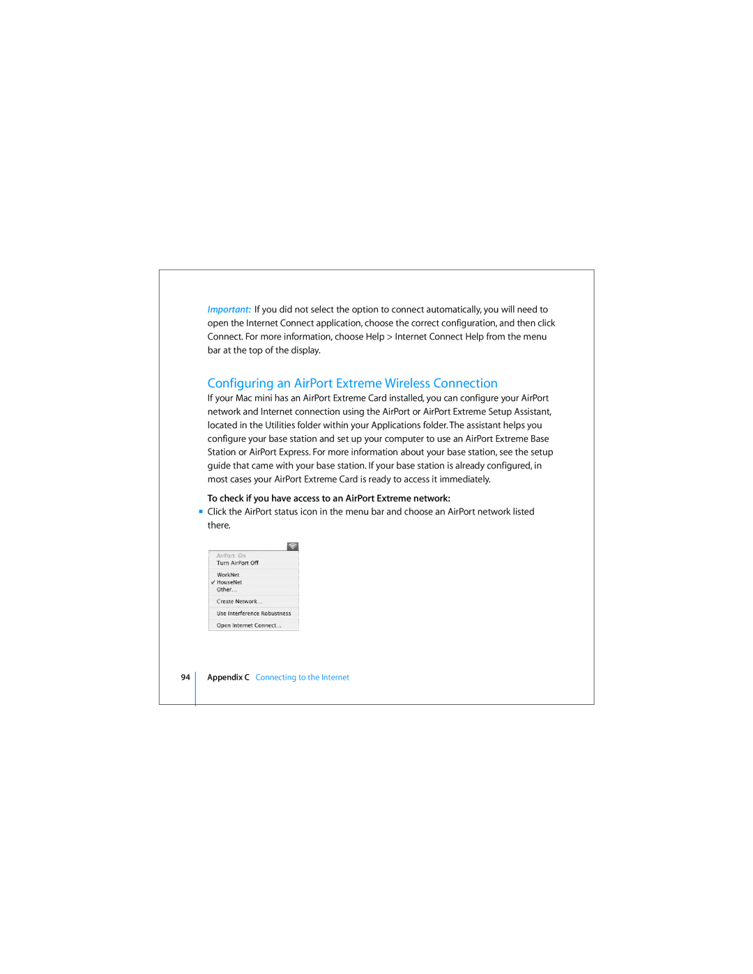 Apple Mac Mini 19 manual Configuring an AirPort Extreme Wireless Connection 