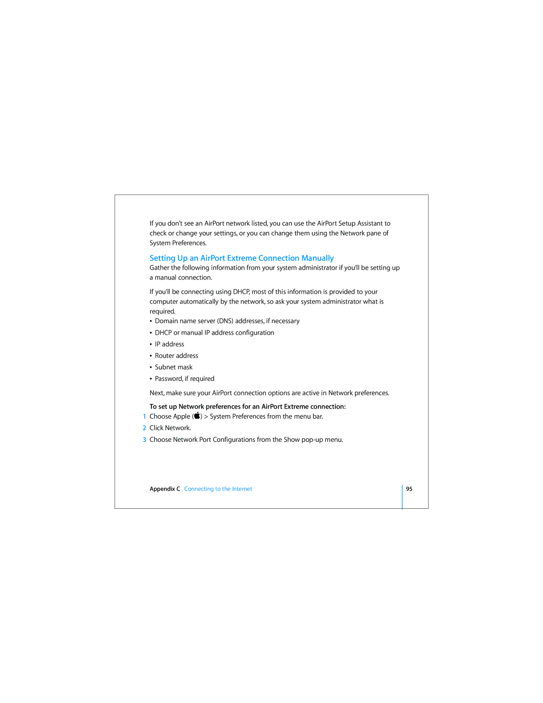 Apple Mac Mini 19 manual Setting Up an AirPort Extreme Connection Manually 
