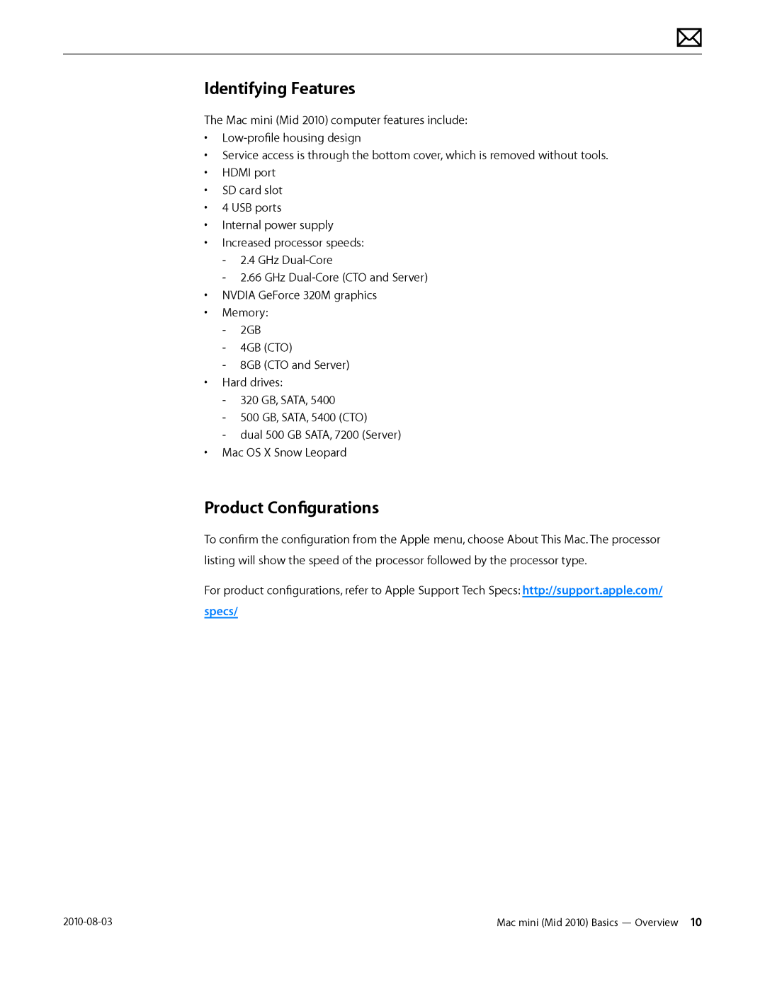 Apple Mac mini manual Identifying Features, Product Configurations 