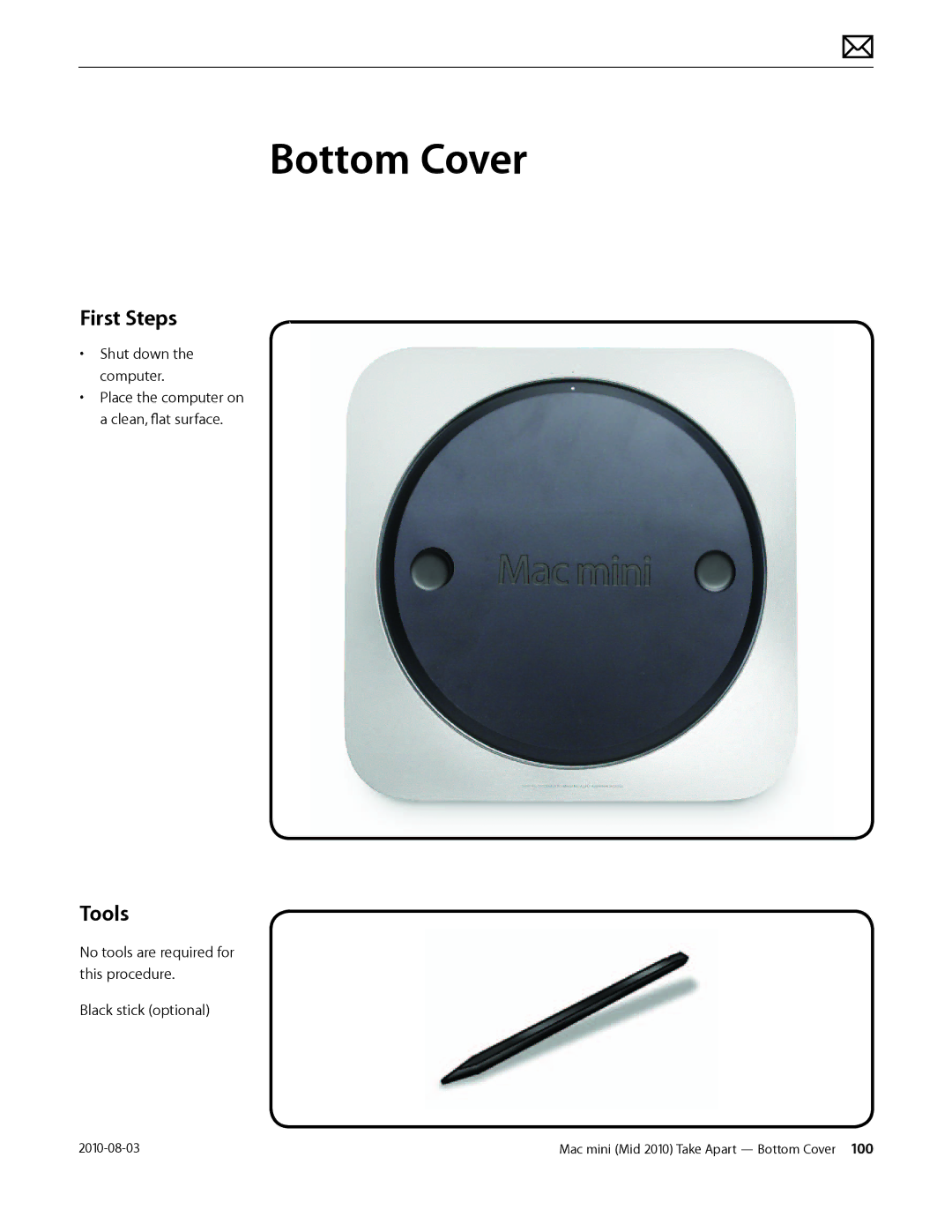 Apple Mac mini manual Bottom Cover, First Steps 