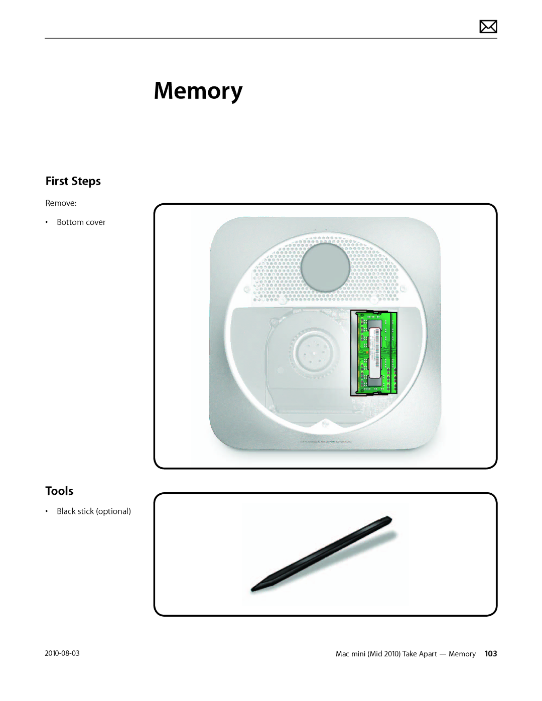 Apple Mac mini manual Memory, First Steps 