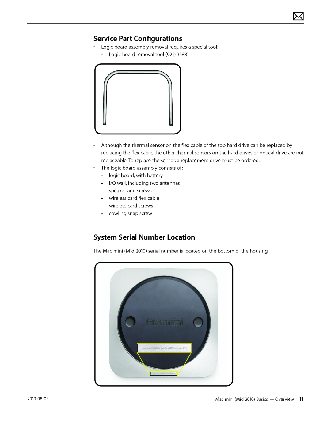 Apple Mac mini manual Service Part Configurations, System Serial Number Location 