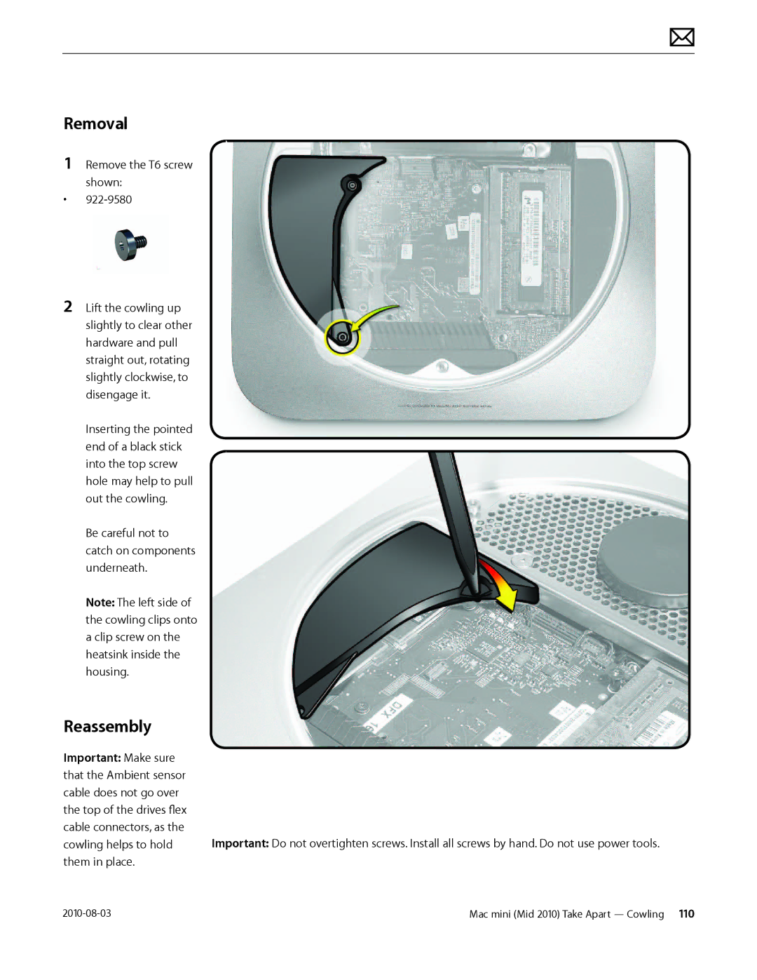 Apple Mac mini manual Remove the T6 screw shown 922-9580 