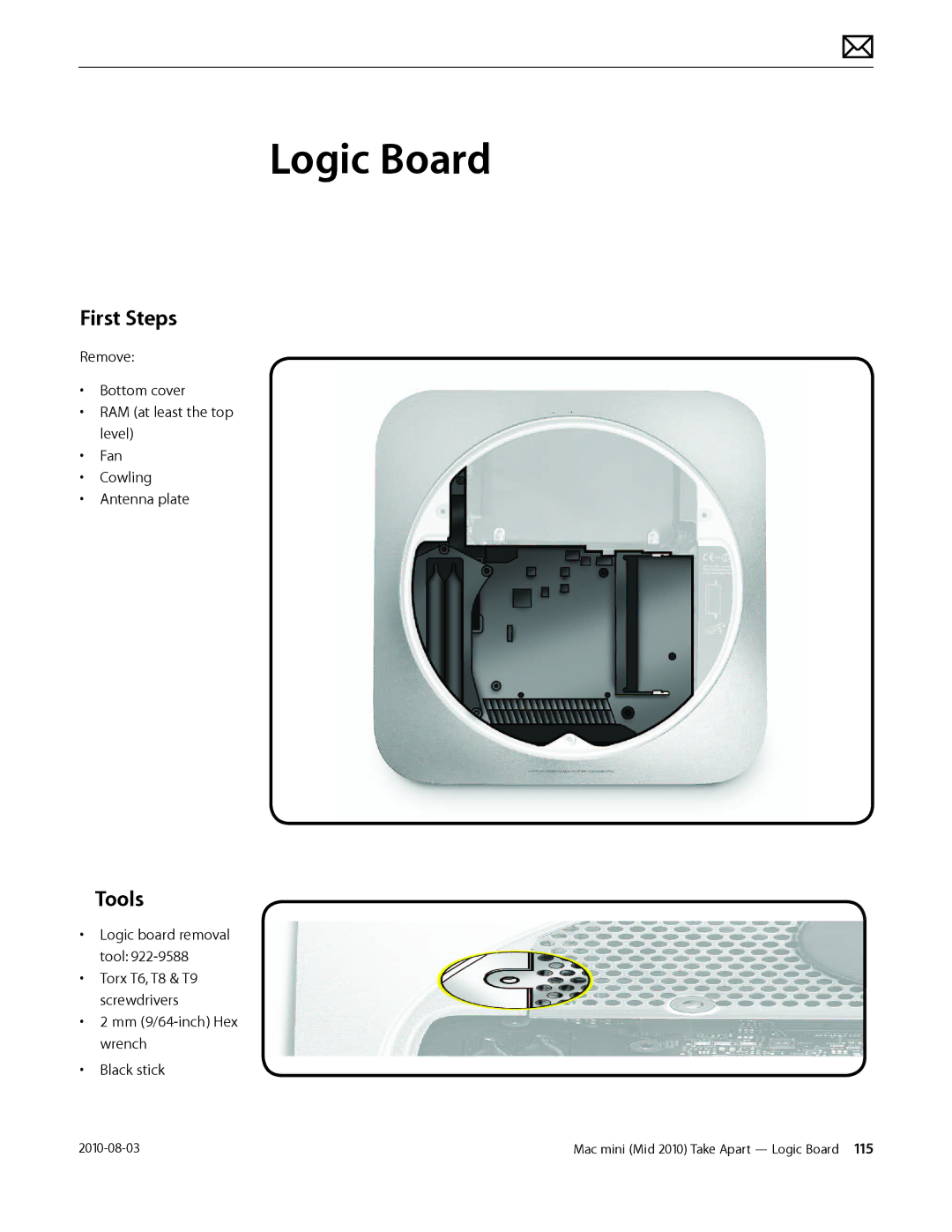 Apple Mac mini manual Logic Board, First Steps 