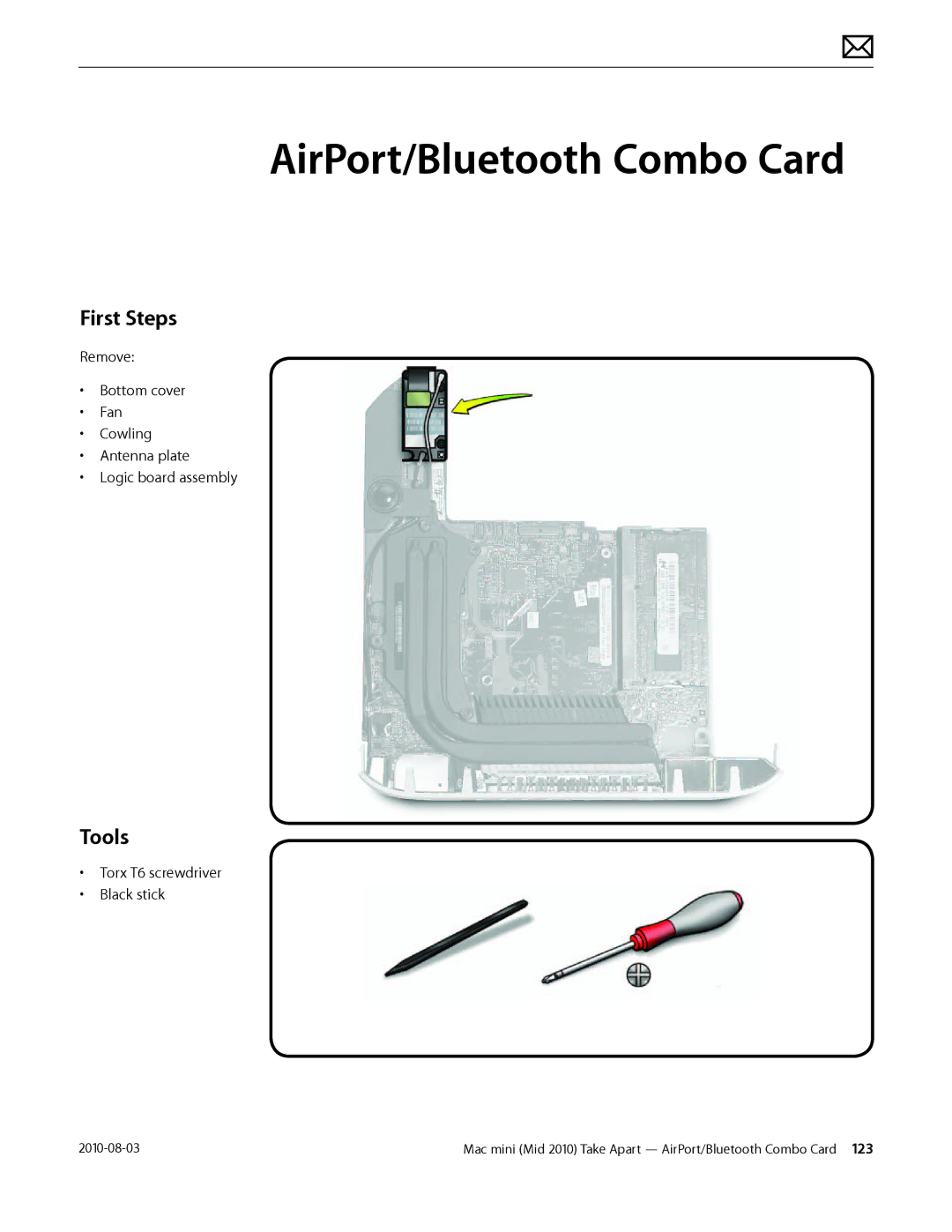 Apple Mac mini manual AirPort/Bluetooth Combo Card, First Steps 