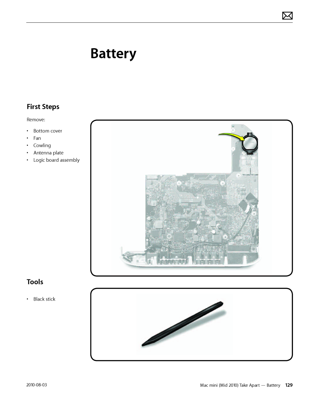 Apple Mac mini manual Battery, First Steps 