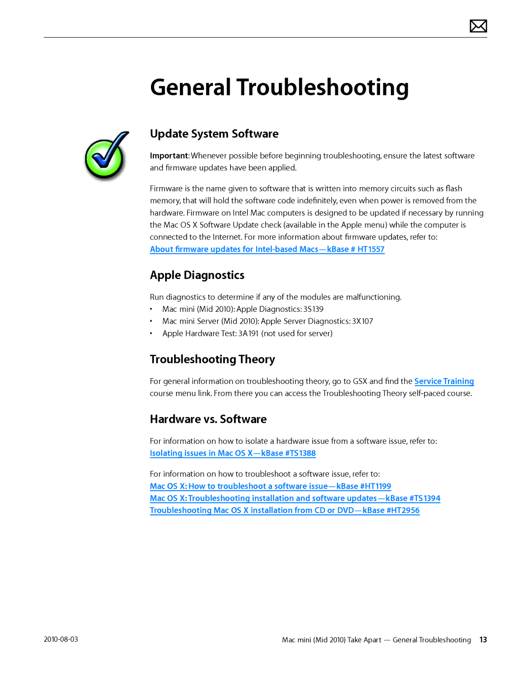 Apple Mac mini manual General Troubleshooting, Update System Software, Apple Diagnostics, Troubleshooting Theory 