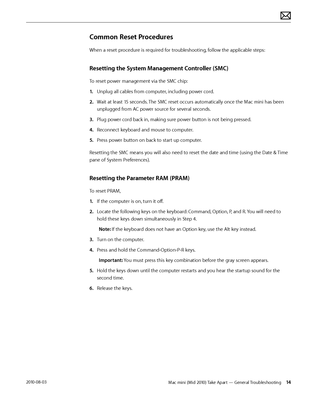 Apple Mac mini Common Reset Procedures, Resetting the System Management Controller SMC, Resetting the Parameter RAM Pram 