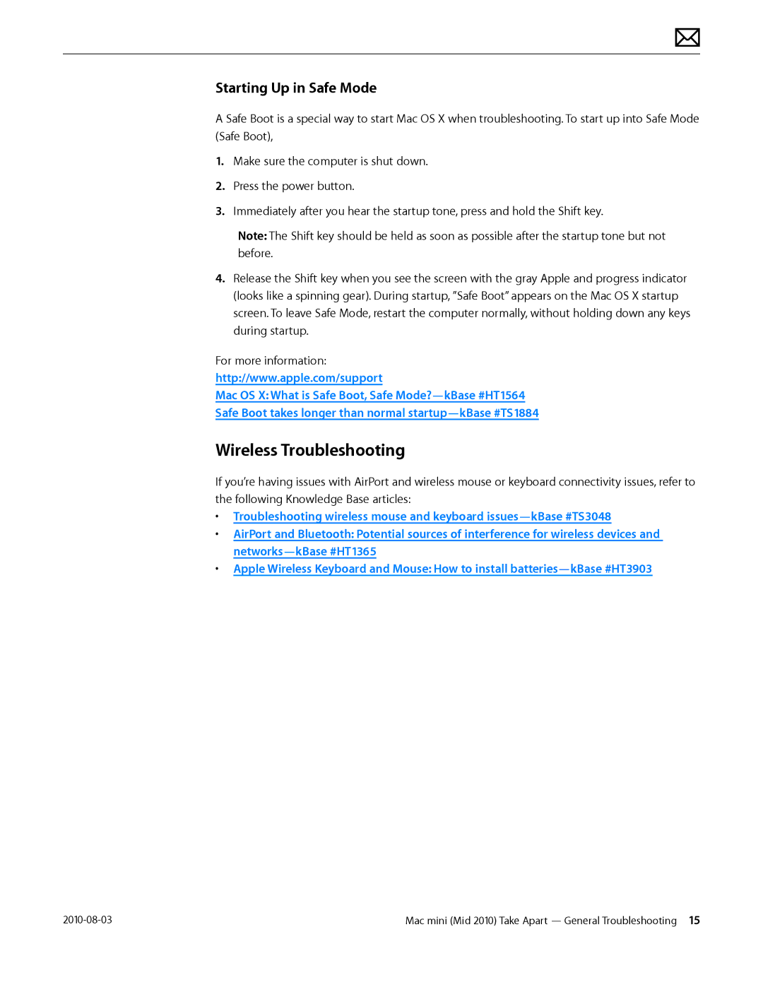 Apple Mac mini manual Wireless Troubleshooting, Starting Up in Safe Mode 