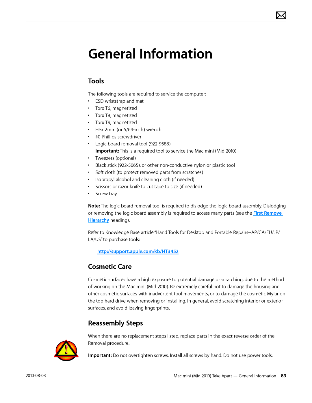Apple Mac mini manual General Information, Tools, Cosmetic Care, Reassembly Steps 
