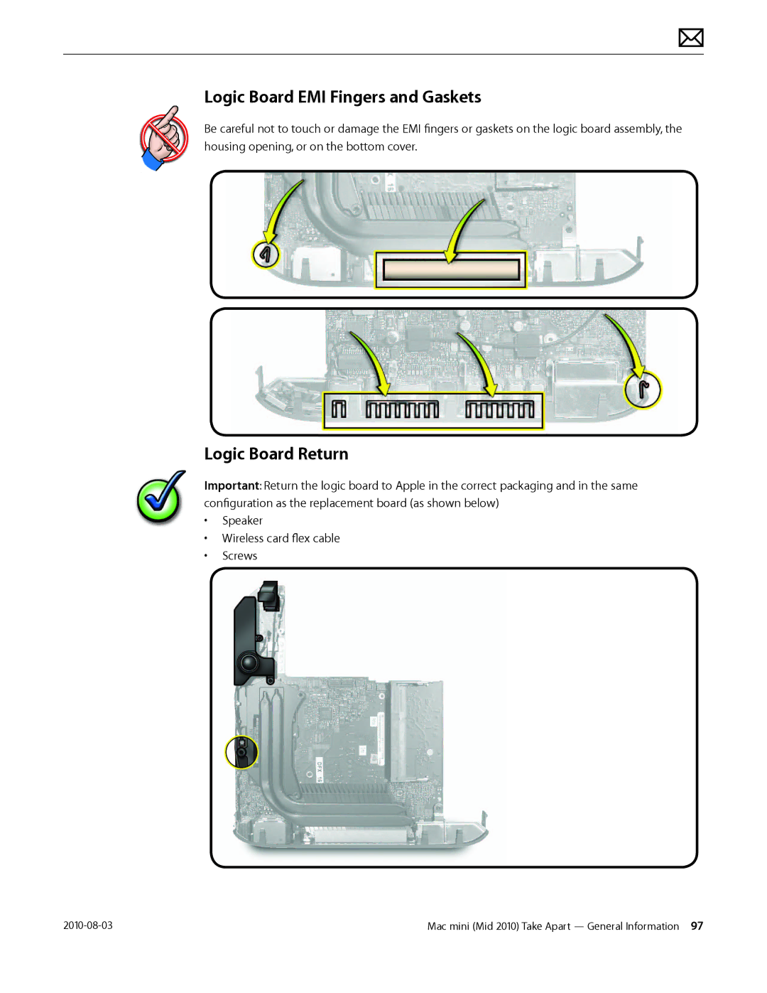 Apple Mac mini manual Logic Board EMI Fingers and Gaskets, Logic Board Return 