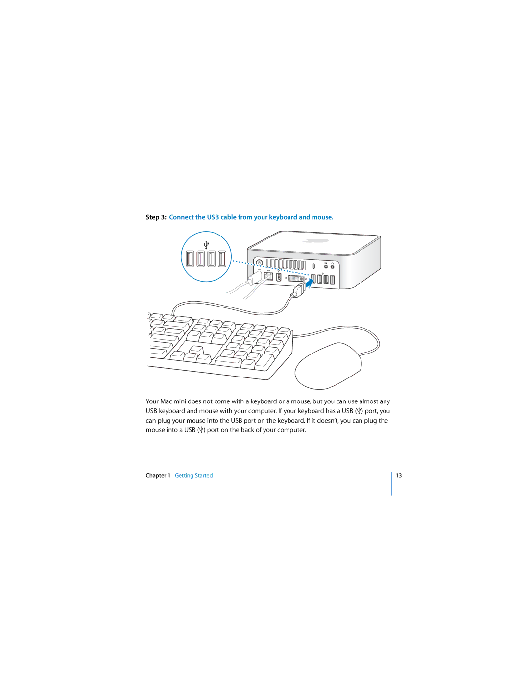 Apple Mac mini manual Connect the USB cable from your keyboard and mouse 