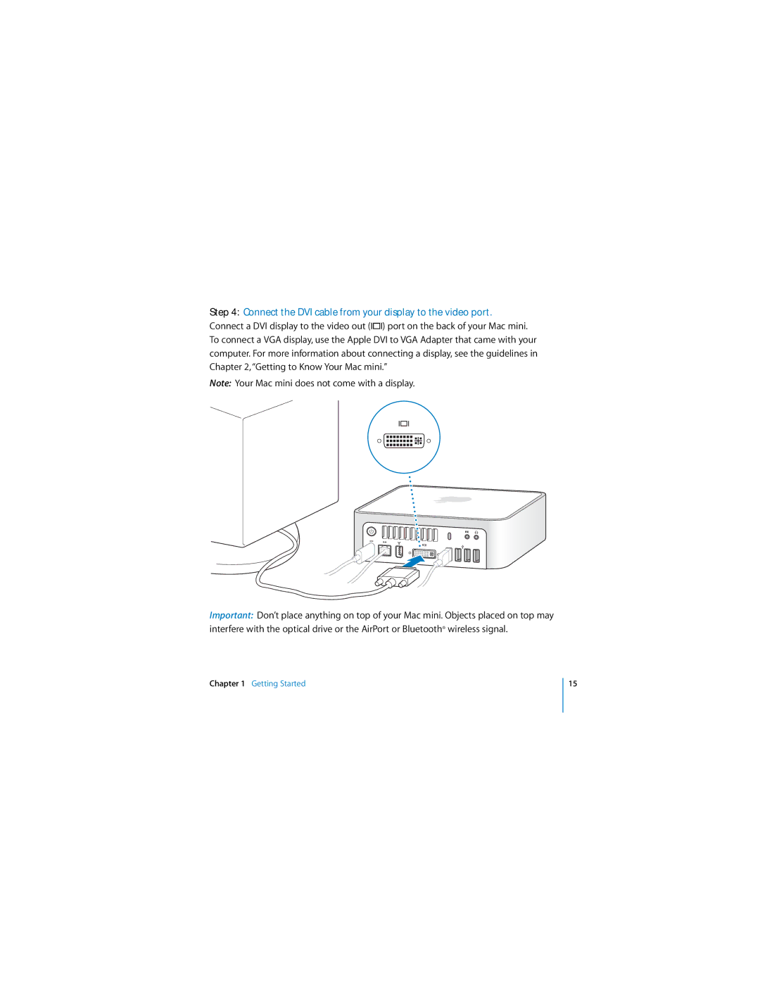 Apple Mac mini manual Connect the DVI cable from your display to the video port 