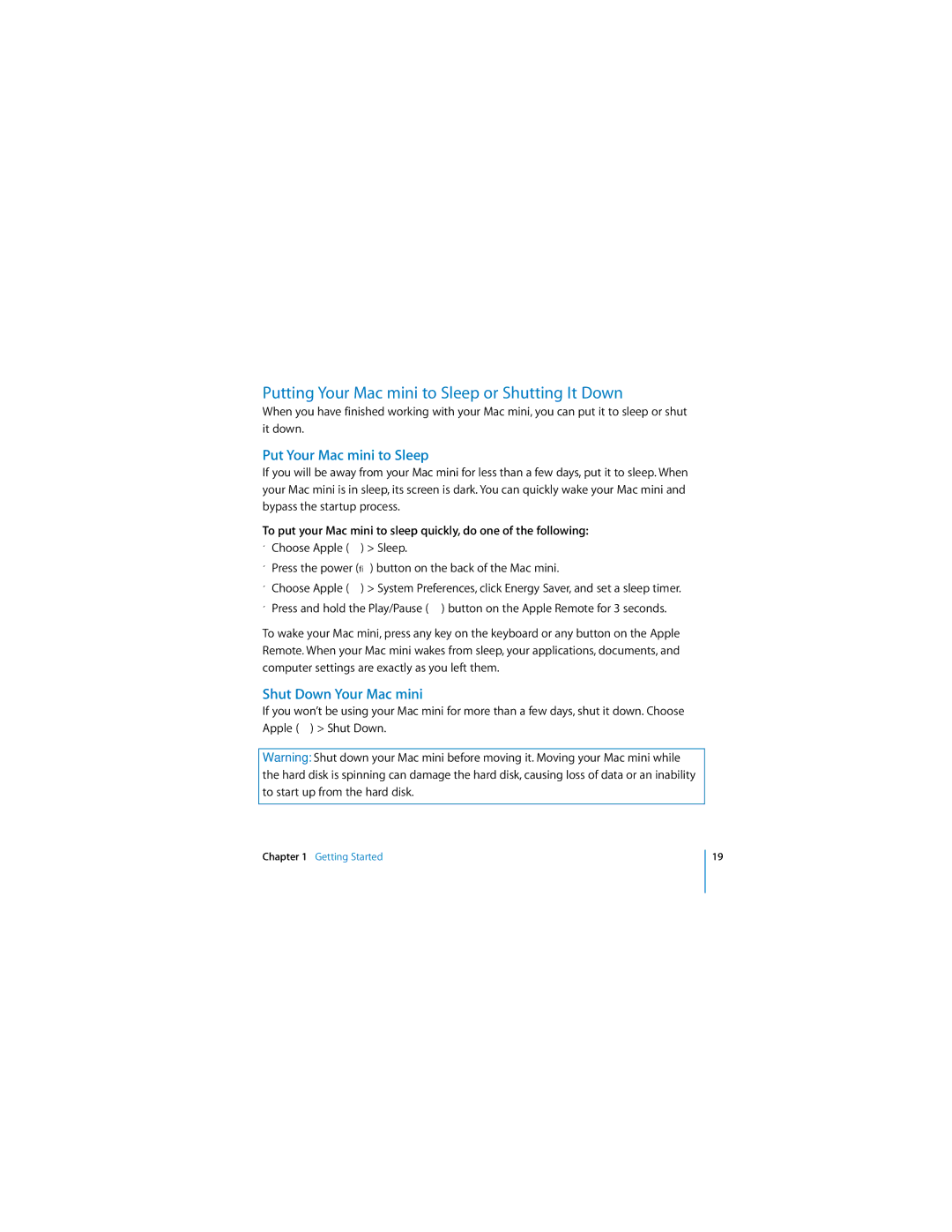 Apple manual Putting Your Mac mini to Sleep or Shutting It Down, Put Your Mac mini to Sleep, Shut Down Your Mac mini 