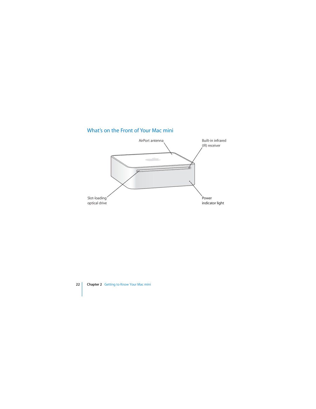 Apple manual What’s on the Front of Your Mac mini, Slot-loading Power Optical drive 