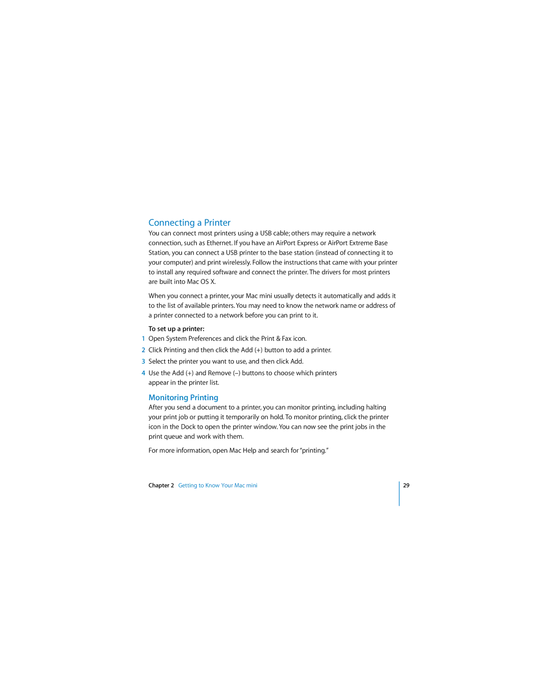 Apple Mac mini manual Connecting a Printer, Monitoring Printing, To set up a printer 