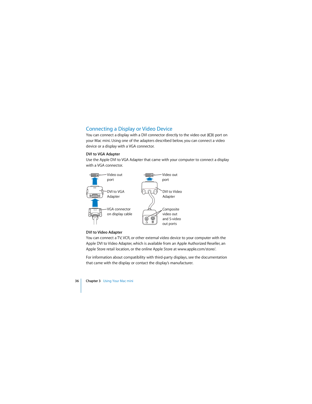 Apple Mac mini manual Connecting a Display or Video Device, DVI to VGA Adapter, DVI to Video Adapter 