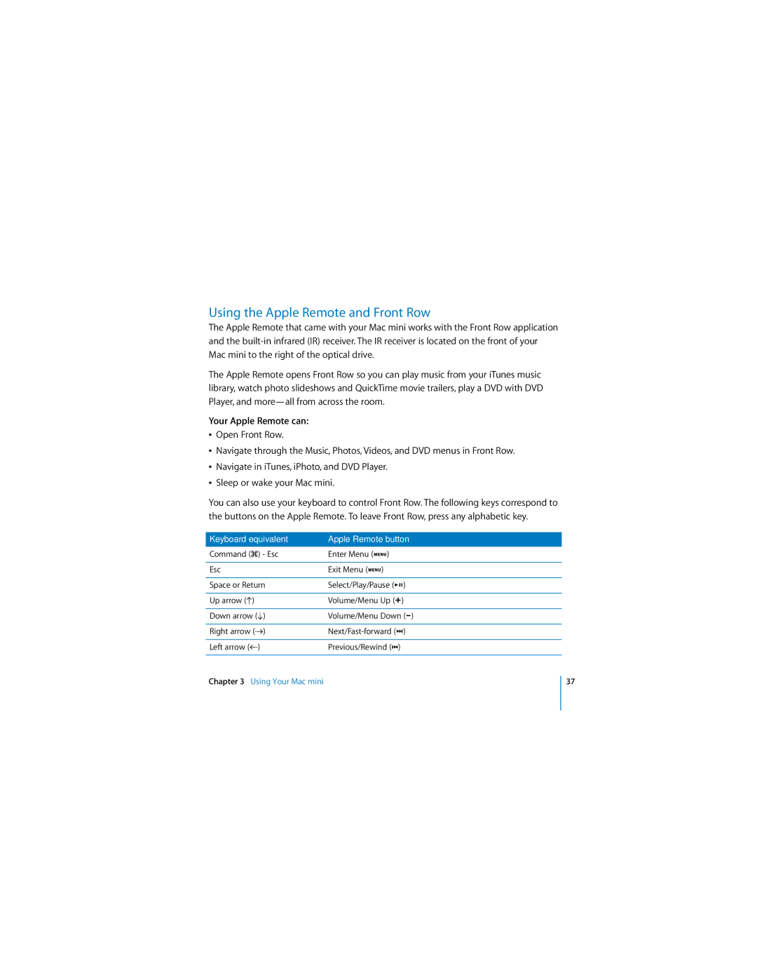 Apple Mac mini manual Using the Apple Remote and Front Row, Your Apple Remote can 