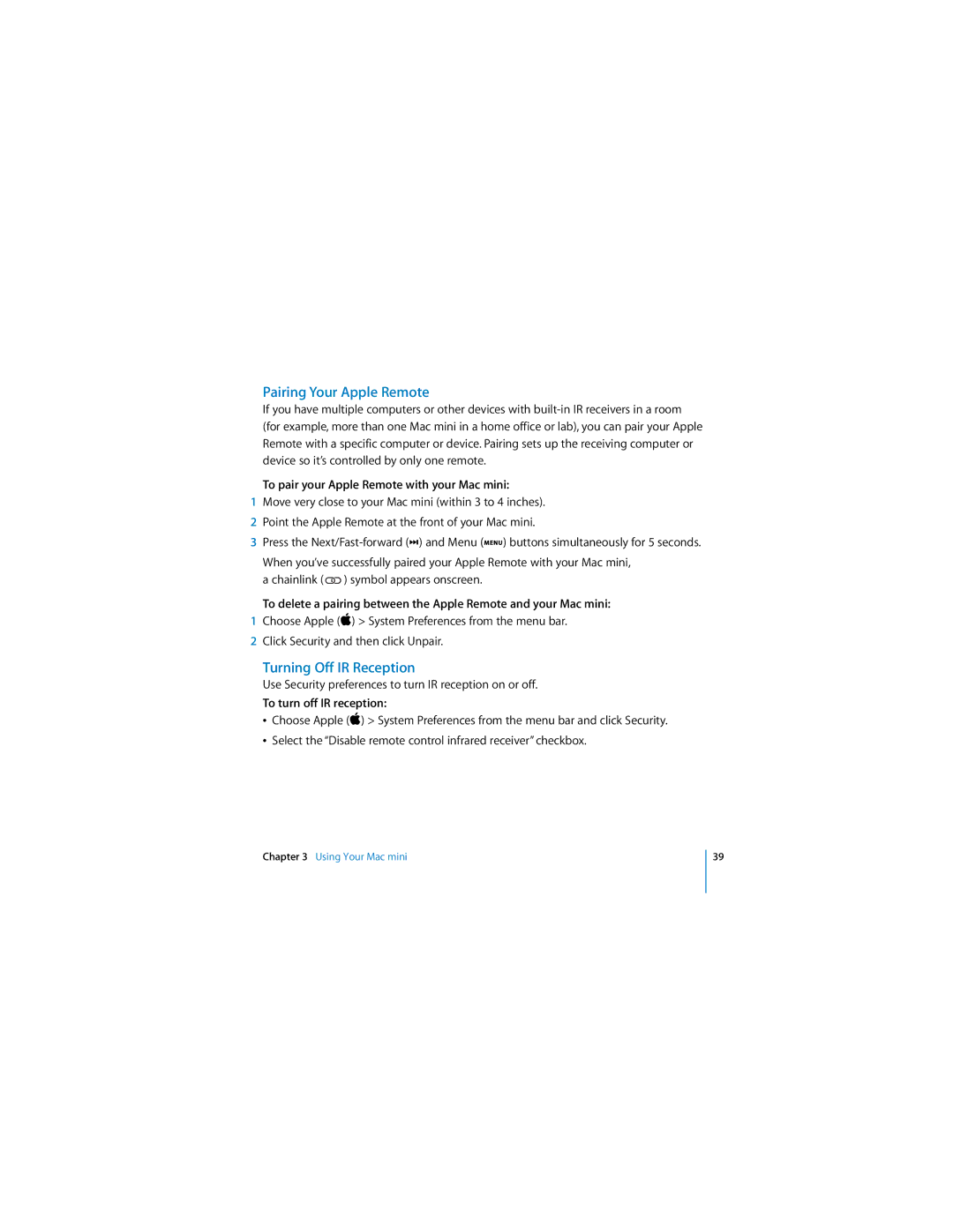 Apple manual Pairing Your Apple Remote, Turning Off IR Reception, To pair your Apple Remote with your Mac mini 