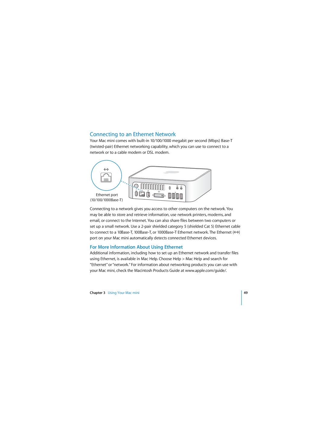 Apple Mac mini manual Connecting to an Ethernet Network, For More Information About Using Ethernet 