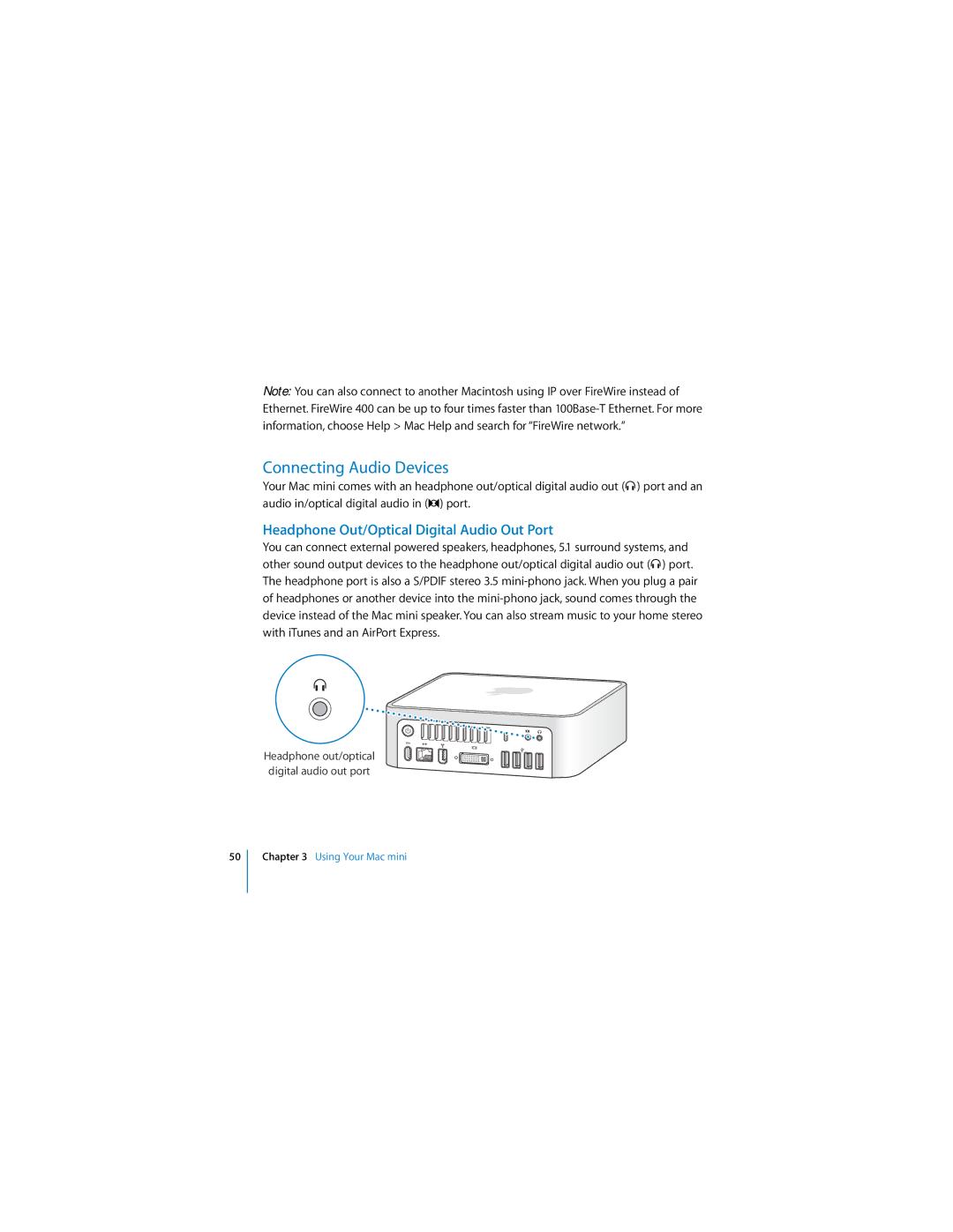 Apple Mac mini manual Connecting Audio Devices, Headphone Out/Optical Digital Audio Out Port 