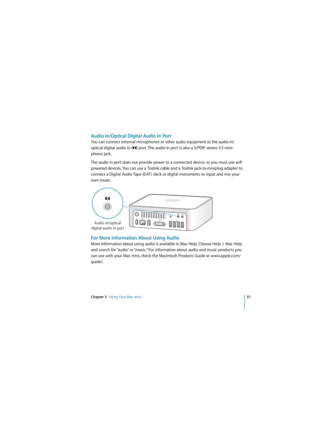 Apple Mac mini manual Audio In/Optical Digital Audio In Port, For More Information About Using Audio 