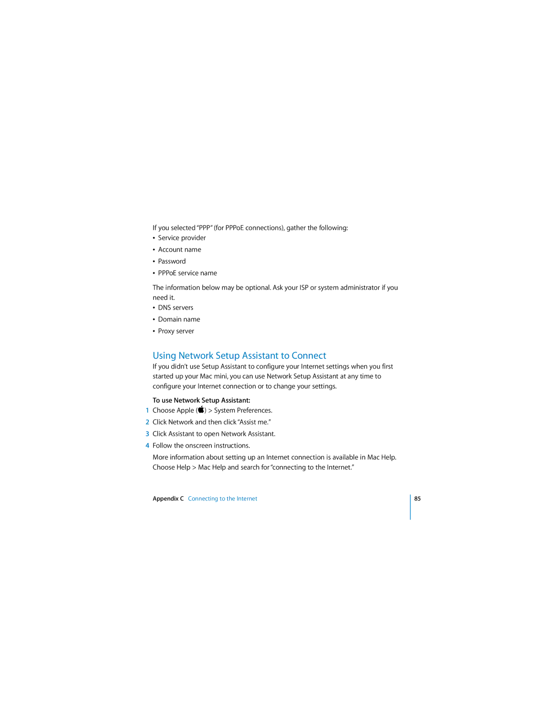 Apple Mac mini manual Using Network Setup Assistant to Connect, To use Network Setup Assistant 