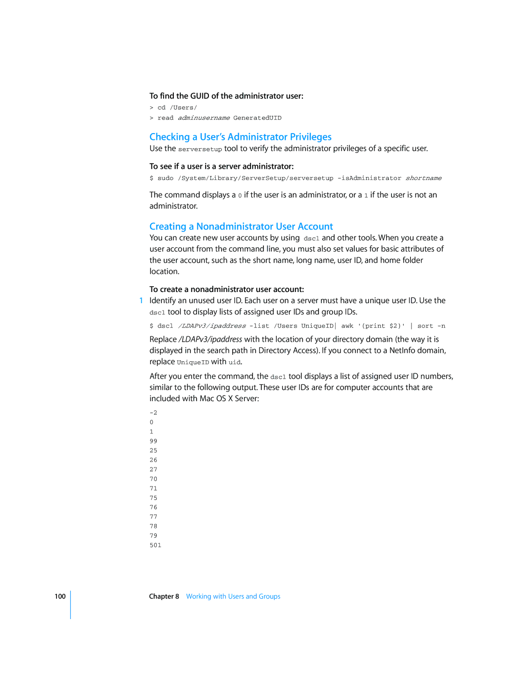 Apple Mac OS X Server manual Checking a User’s Administrator Privileges, Creating a Nonadministrator User Account 