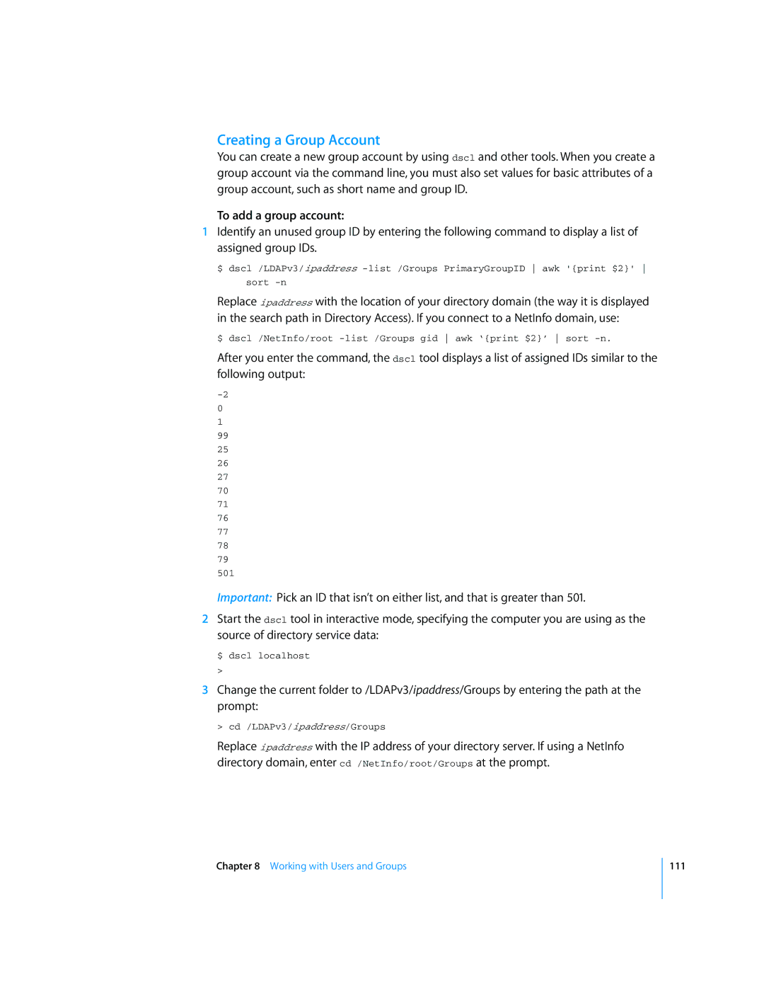 Apple Mac OS X Server manual Creating a Group Account, To add a group account 