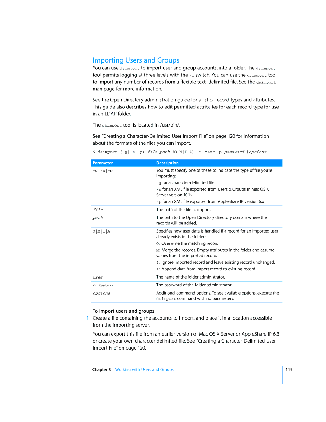 Apple Mac OS X Server manual Importing Users and Groups, To import users and groups 