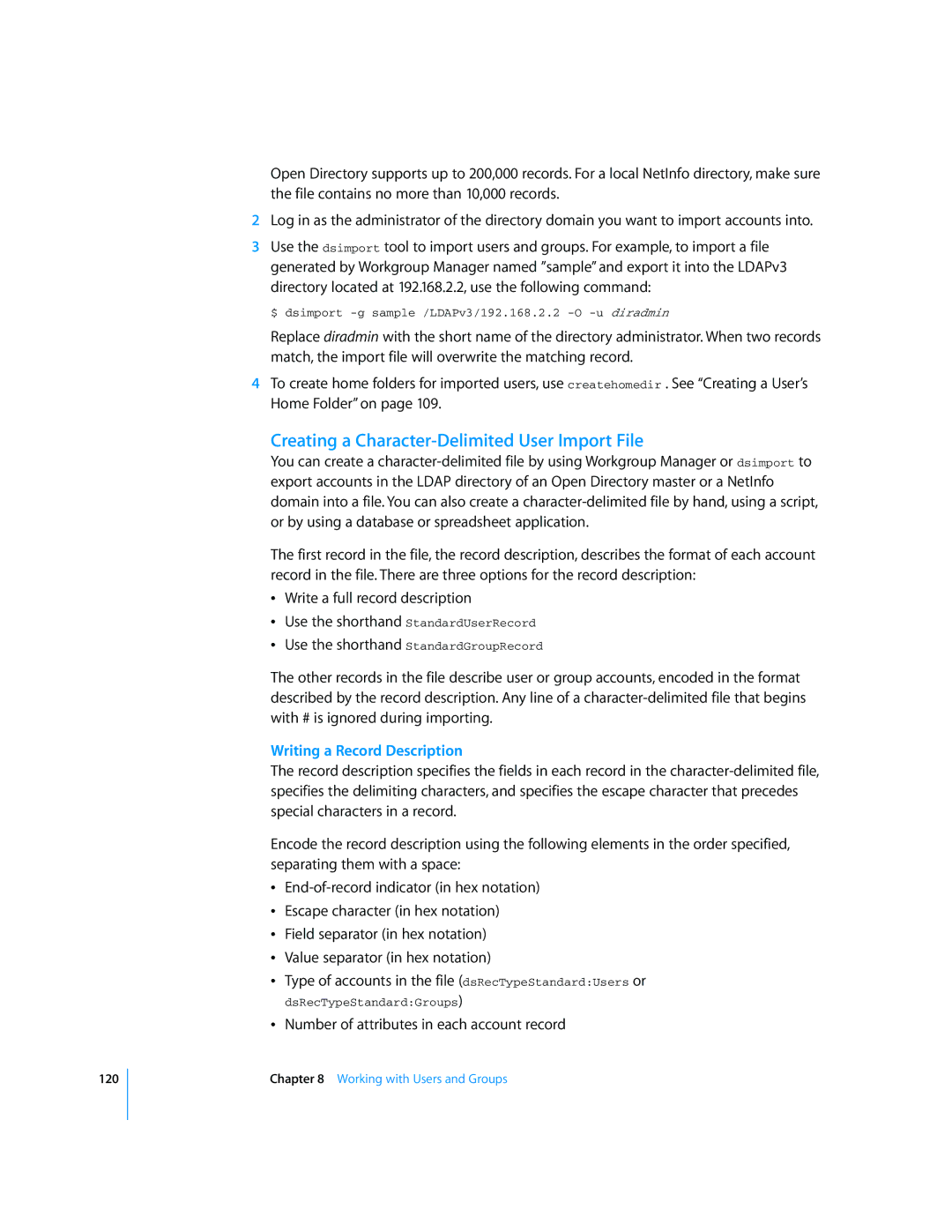 Apple Mac OS X Server manual Creating a Character-Delimited User Import File, Writing a Record Description 