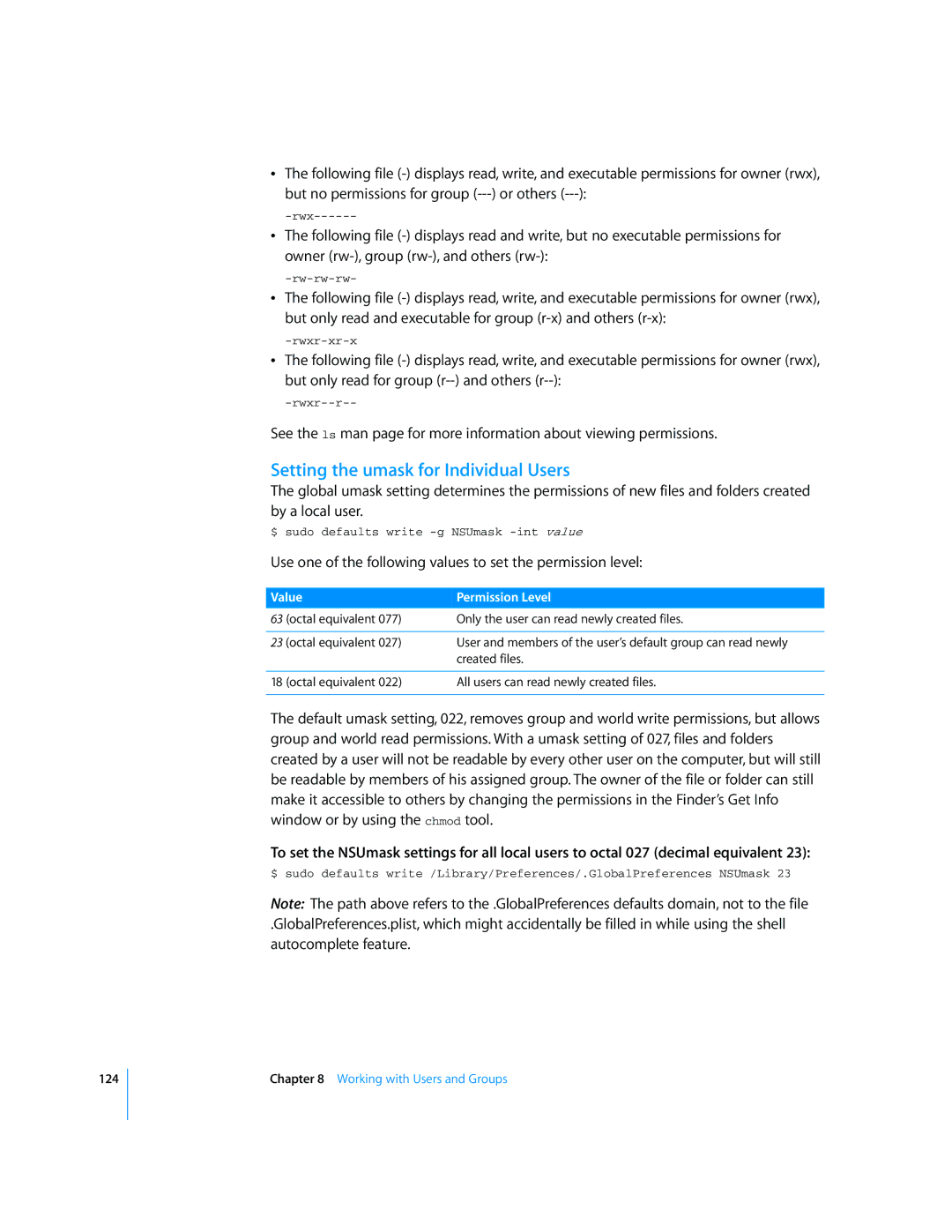 Apple Mac OS X Server Setting the umask for Individual Users, Use one of the following values to set the permission level 