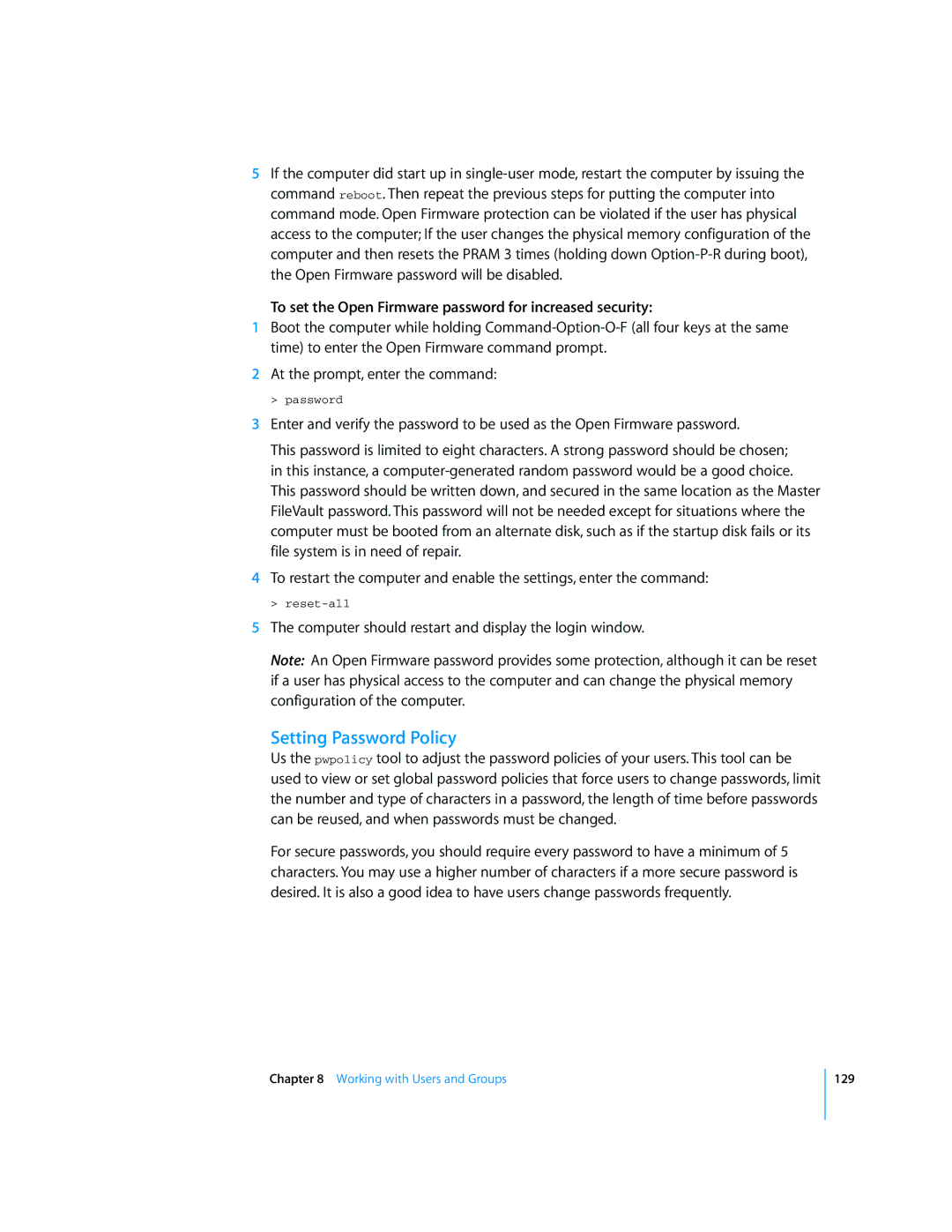 Apple Mac OS X Server manual Setting Password Policy, To set the Open Firmware password for increased security 