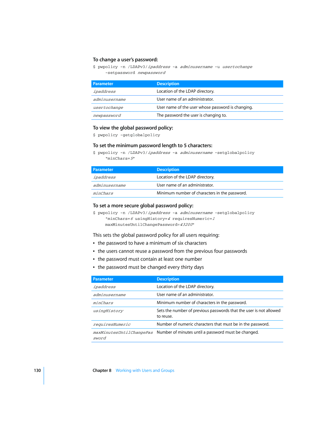 Apple Mac OS X Server manual To change a user’s password, To view the global password policy 