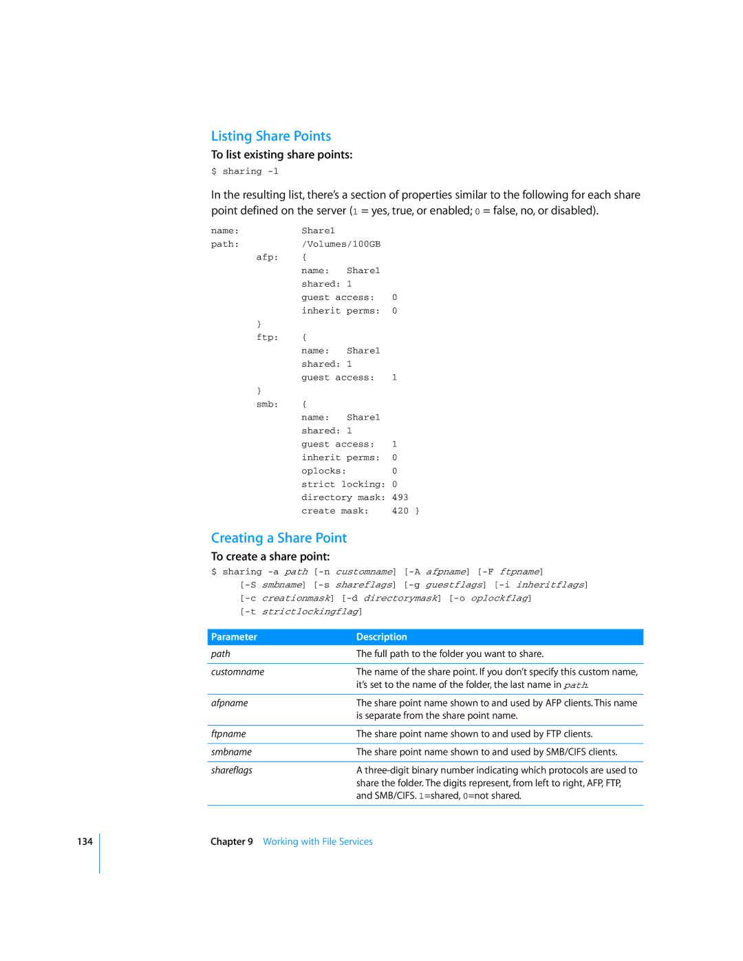 Apple Mac OS X Server Listing Share Points, Creating a Share Point, To list existing share points, To create a share point 