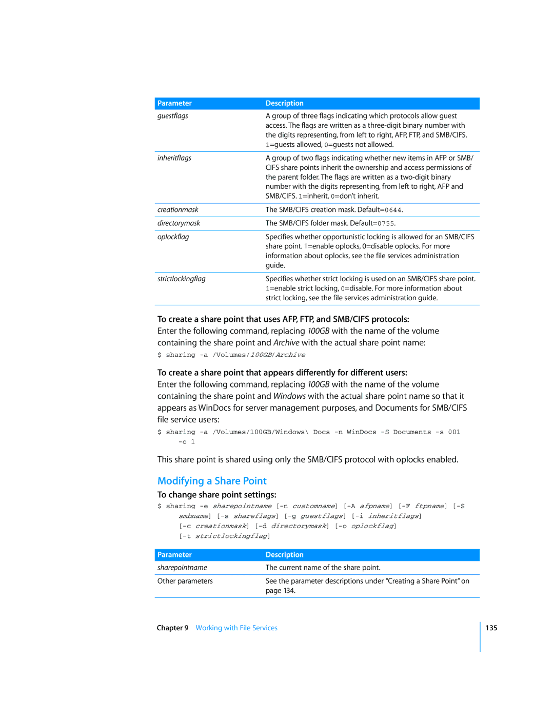 Apple Mac OS X Server manual Modifying a Share Point, To change share point settings 