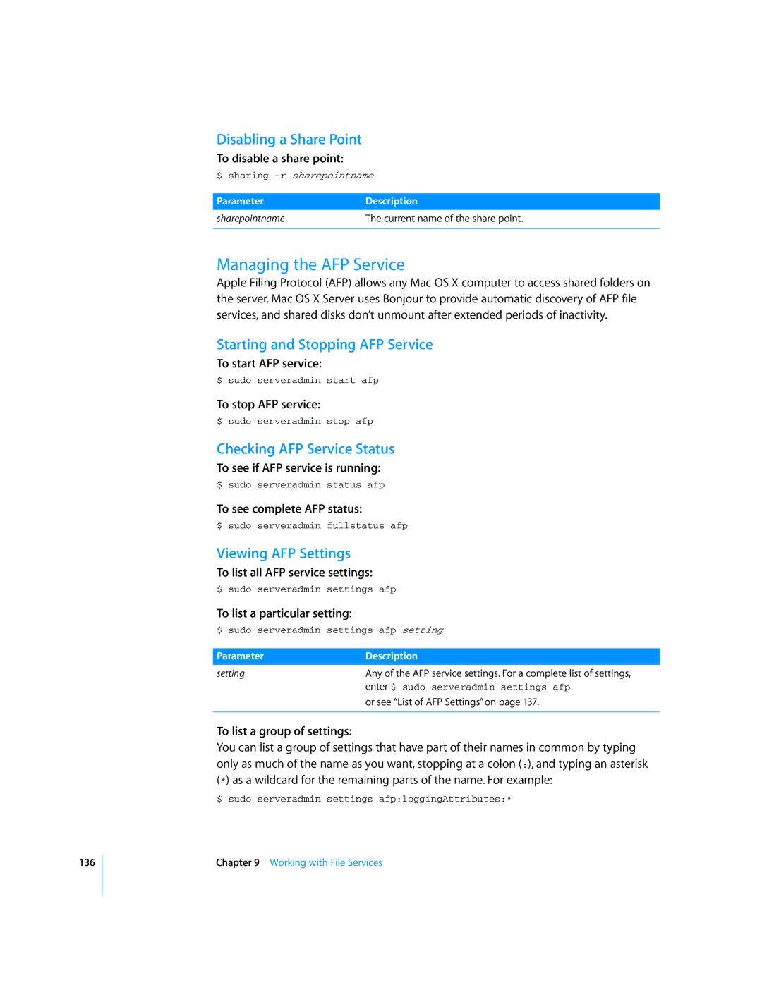 Apple Mac OS X Server manual Managing the AFP Service, Disabling a Share Point, Starting and Stopping AFP Service 