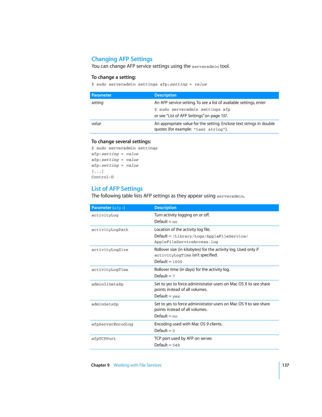 Apple Mac OS X Server manual Changing AFP Settings, List of AFP Settings, To change a setting, To change several settings 