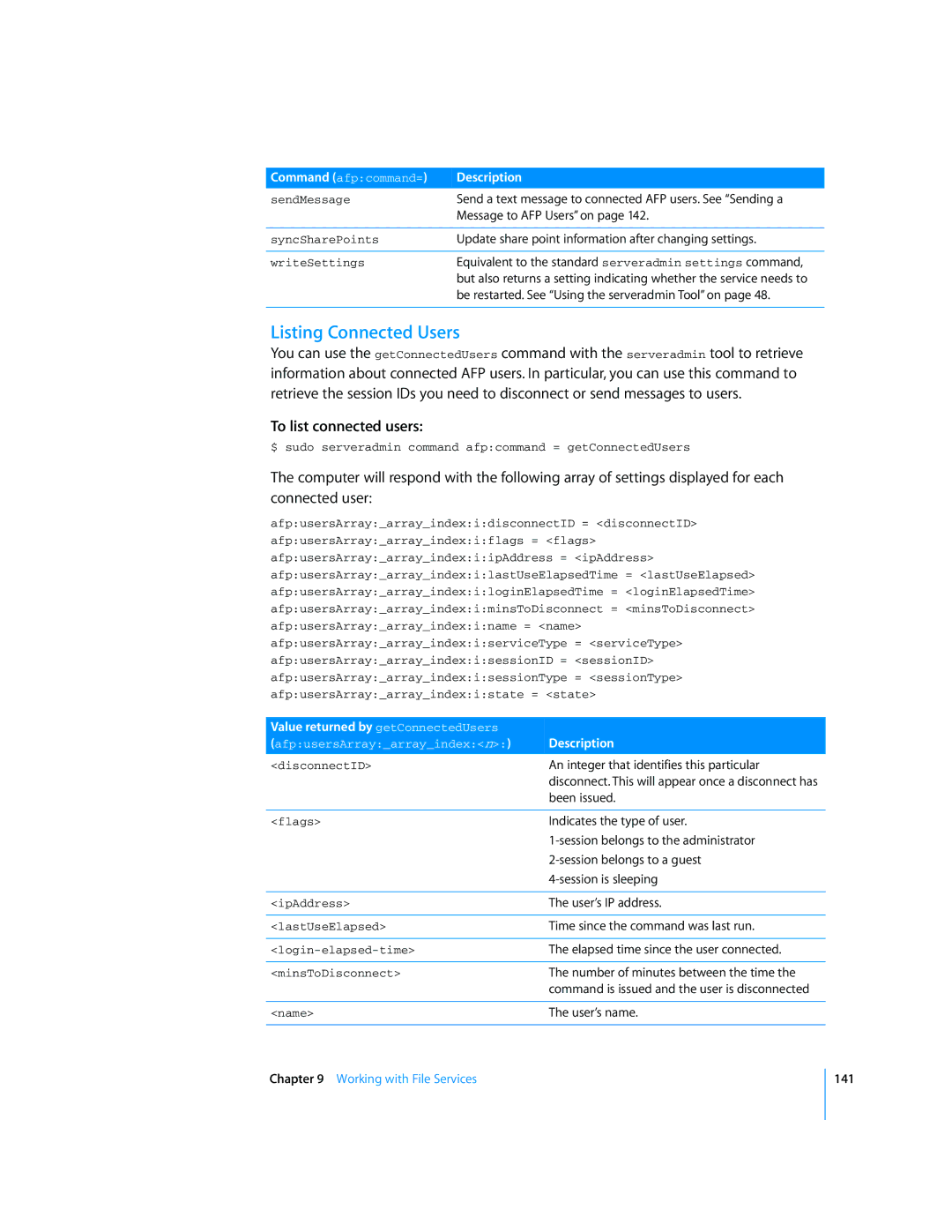 Apple Mac OS X Server manual Listing Connected Users, To list connected users, Value returned by getConnectedUsers 