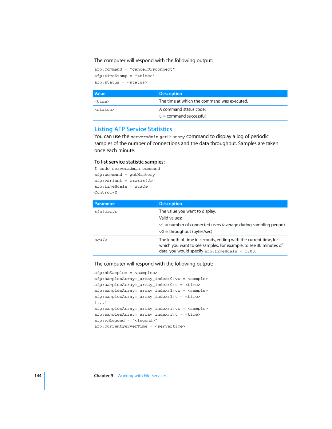 Apple Mac OS X Server manual Listing AFP Service Statistics, Computer will respond with the following output 