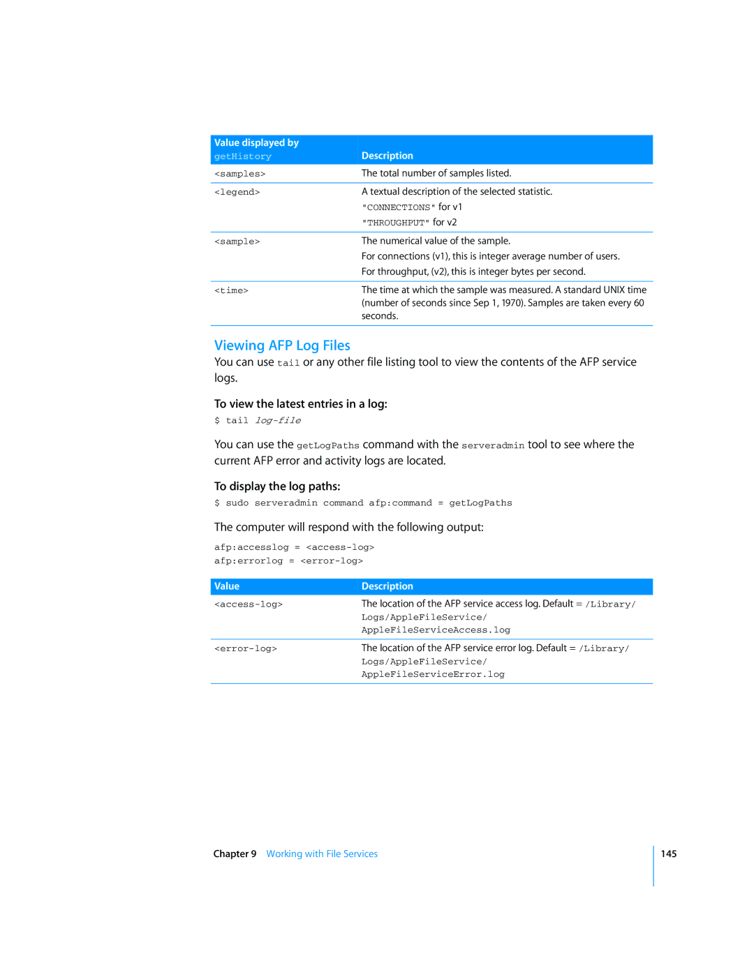 Apple Mac OS X Server manual Viewing AFP Log Files, To view the latest entries in a log, To display the log paths 