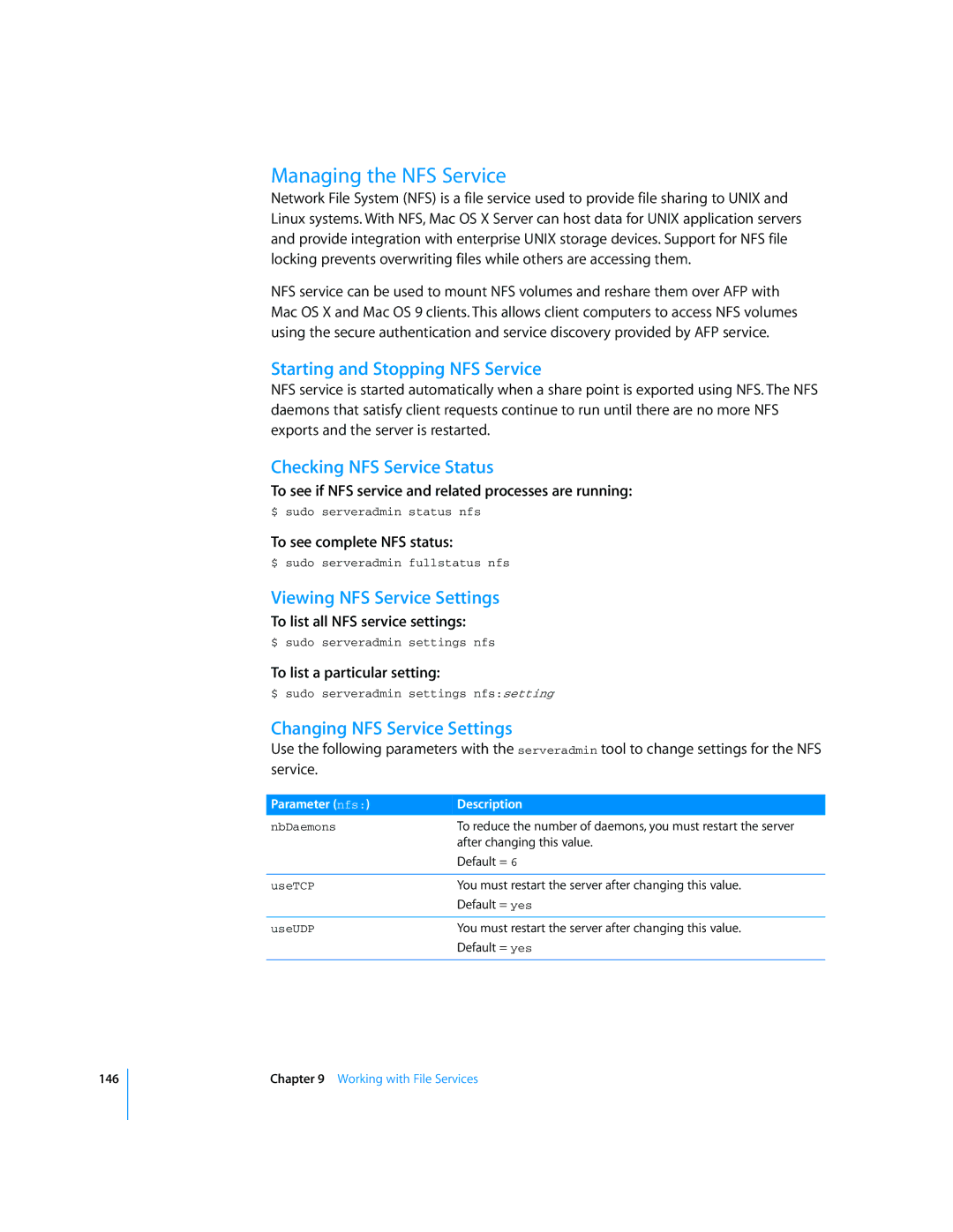 Apple Mac OS X Server manual Managing the NFS Service, Starting and Stopping NFS Service, Checking NFS Service Status 