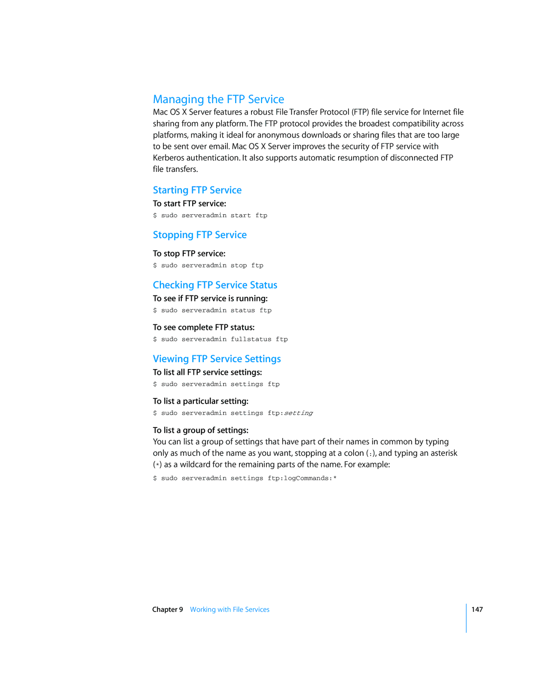 Apple Mac OS X Server Managing the FTP Service, Starting FTP Service, Stopping FTP Service, Checking FTP Service Status 