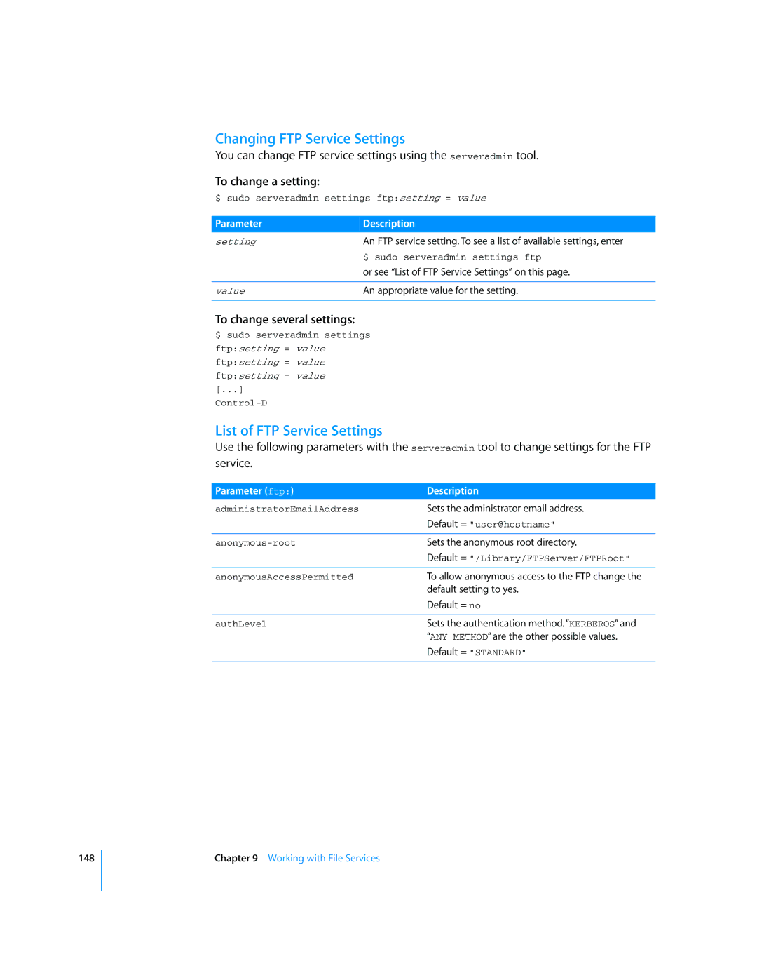 Apple Mac OS X Server manual Changing FTP Service Settings, List of FTP Service Settings, Parameter ftp Description 