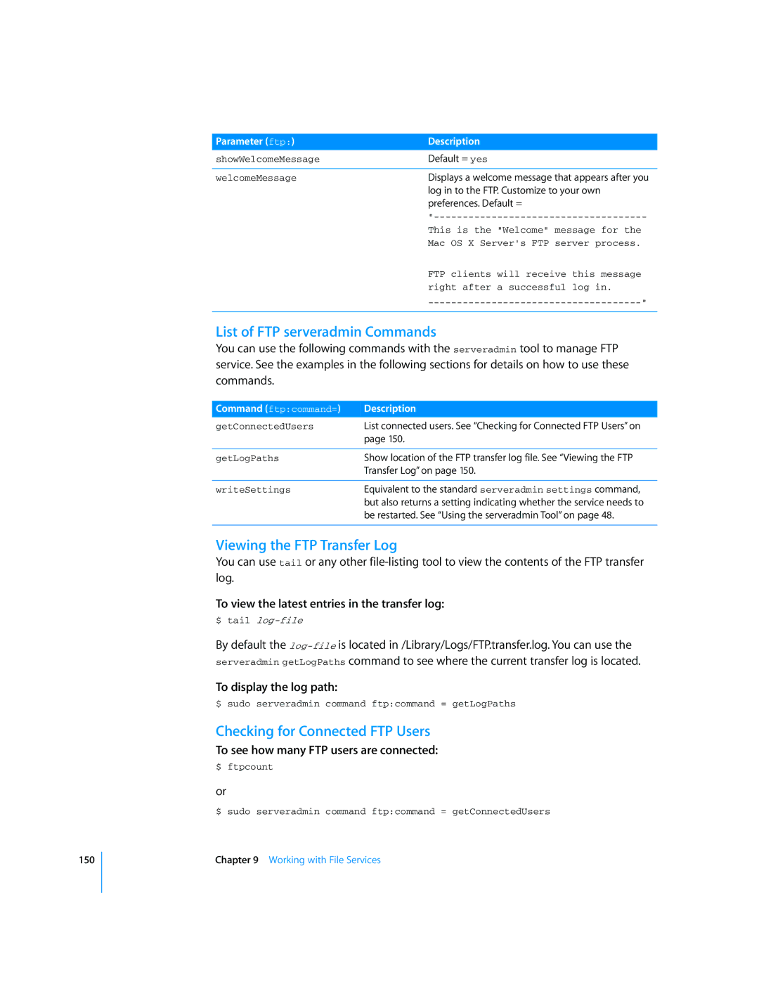Apple Mac OS X Server List of FTP serveradmin Commands, Viewing the FTP Transfer Log, Checking for Connected FTP Users 