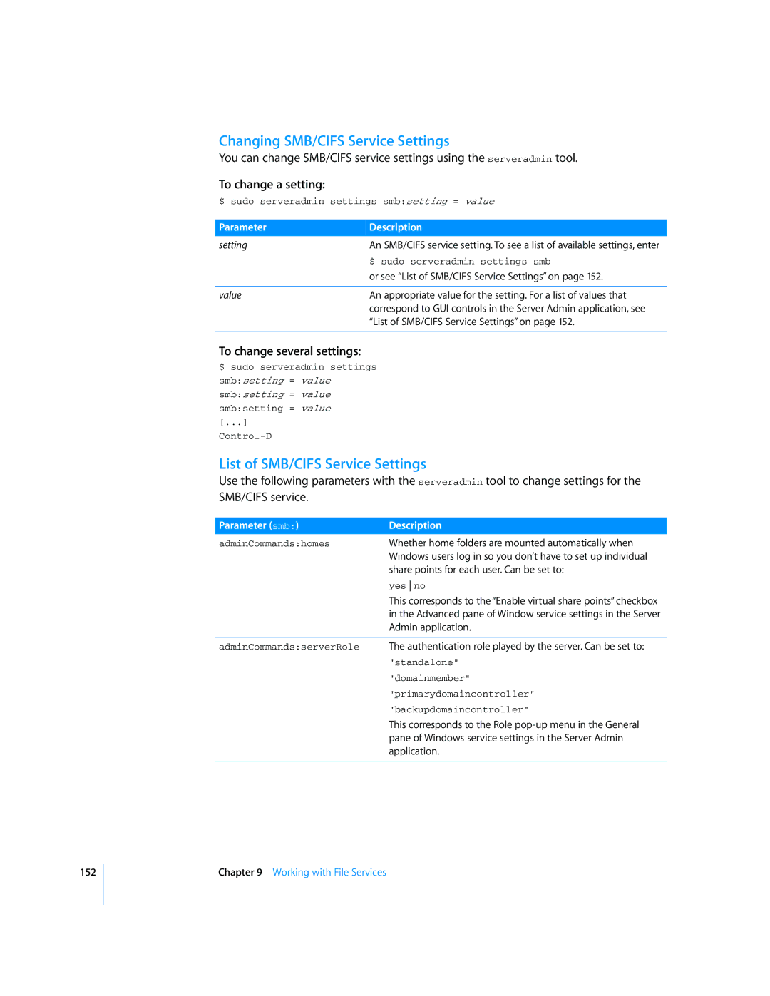 Apple Mac OS X Server Changing SMB/CIFS Service Settings, List of SMB/CIFS Service Settings, Parameter smb Description 